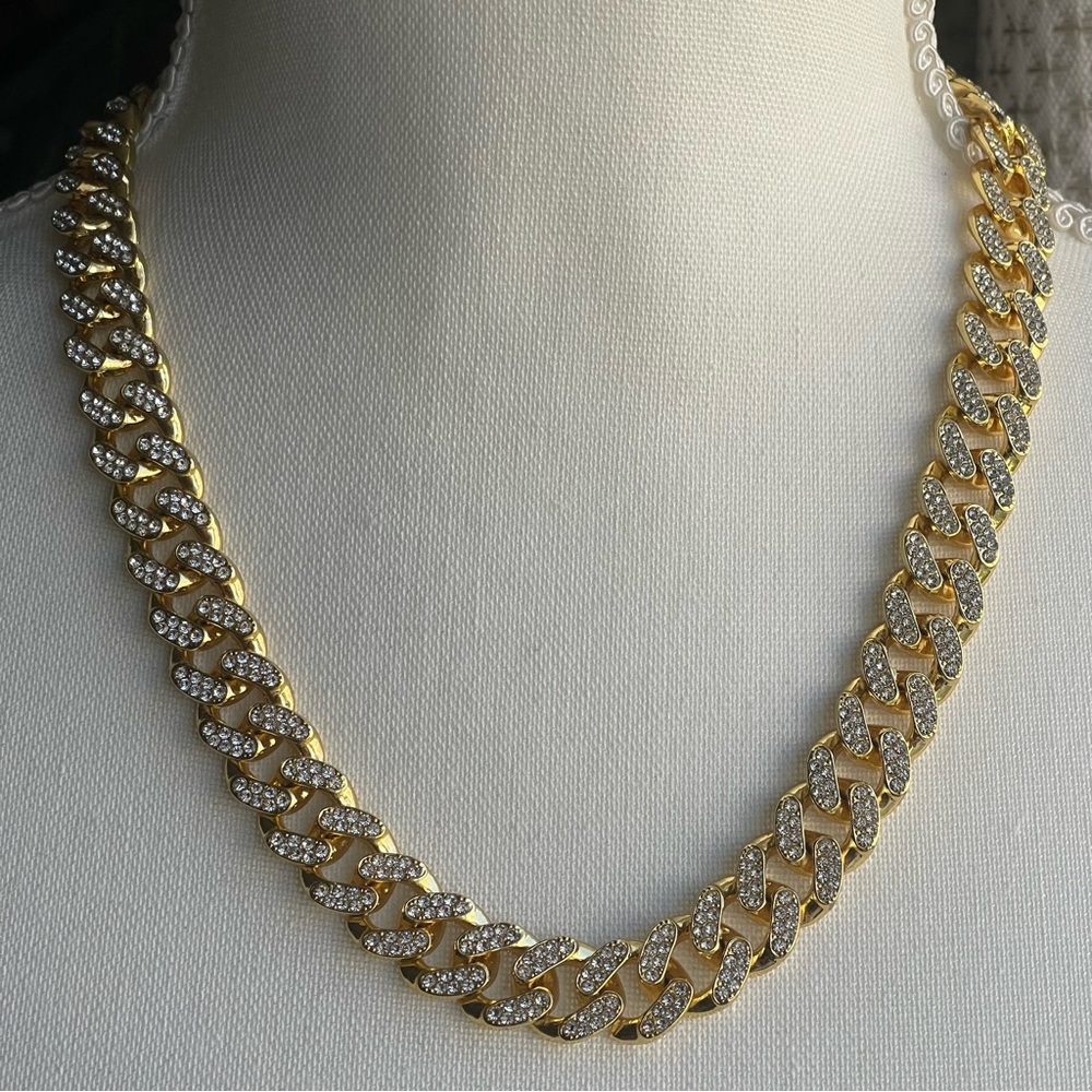 Cuban Link Iced Out Chain Gold Tone Statement Fashion Unisex Necklace 18"-19"